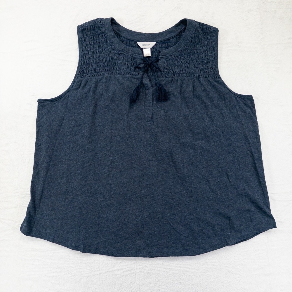 CJ Banks Womens Tank Top 3X Blue Smocked Yoke Tassel Tie Sleeveless Knit Blouse